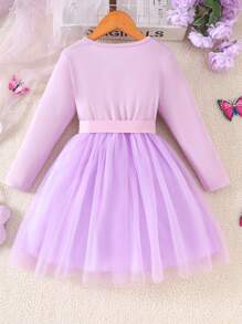 Cute Cartoon Rabbit Print Round Neck Long Sleeve Mesh Girl Dress