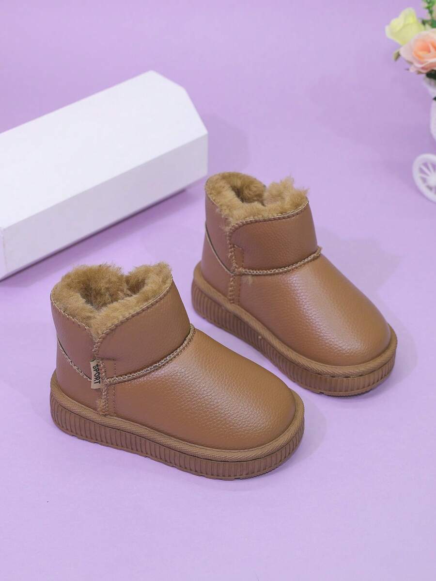厚底保暖童靴，毛绒内衬女童雪地靴和男童靴，可爱短款踝靴，秋冬季新款设计，适合幼儿/小童/大童 - 棕色 - 查看 1