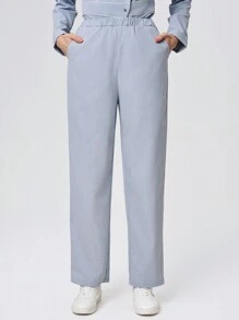 Scrubzie 2 Pieces Set Contrast Color Multi-Pocket Anti-Wrinkle Long Sleeve Blouse & Pants Women's Scrub Uniform - Baby Blue - View 6