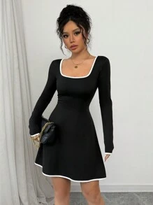 Selianne 女士秋季休闲长袖方领短款连衣裙 - 黑色 - 查看 6