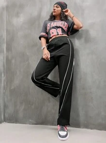 Streetz SHEIN Sport Women Side Stripe Elastic Waist Loose Straight Leg Sweatpants - Black - View 3
