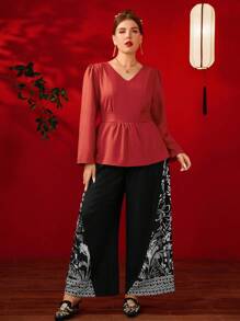 SHEIN Clasi 2 件大码纯色 V 领长袖上衣和裤子套装，简约风格 - 彩色 - 查看 3