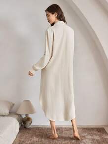 Ocili 女士前扣长袖简约休闲家居服连衣裙 - 卡其色 - 查看 2