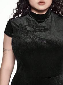 ROMWE Plus Size Vintage Sexy Velvet Spider Hollow Out Gothic High Split Dress - Black - View 2