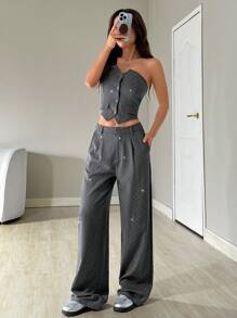 SHEIN EZwear 2 Stücke Damen einfaches Camisole Top mit Knopfleiste und Tasche und lange Hose Set