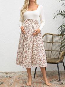 SHEIN Maternity Casual Contrast Floral Print Dress, For Autumn