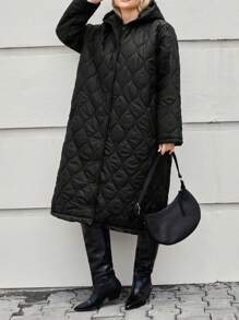 SHEIN Cottnline Black Quilted Plus Size Long Winter Coat - Black - View 6