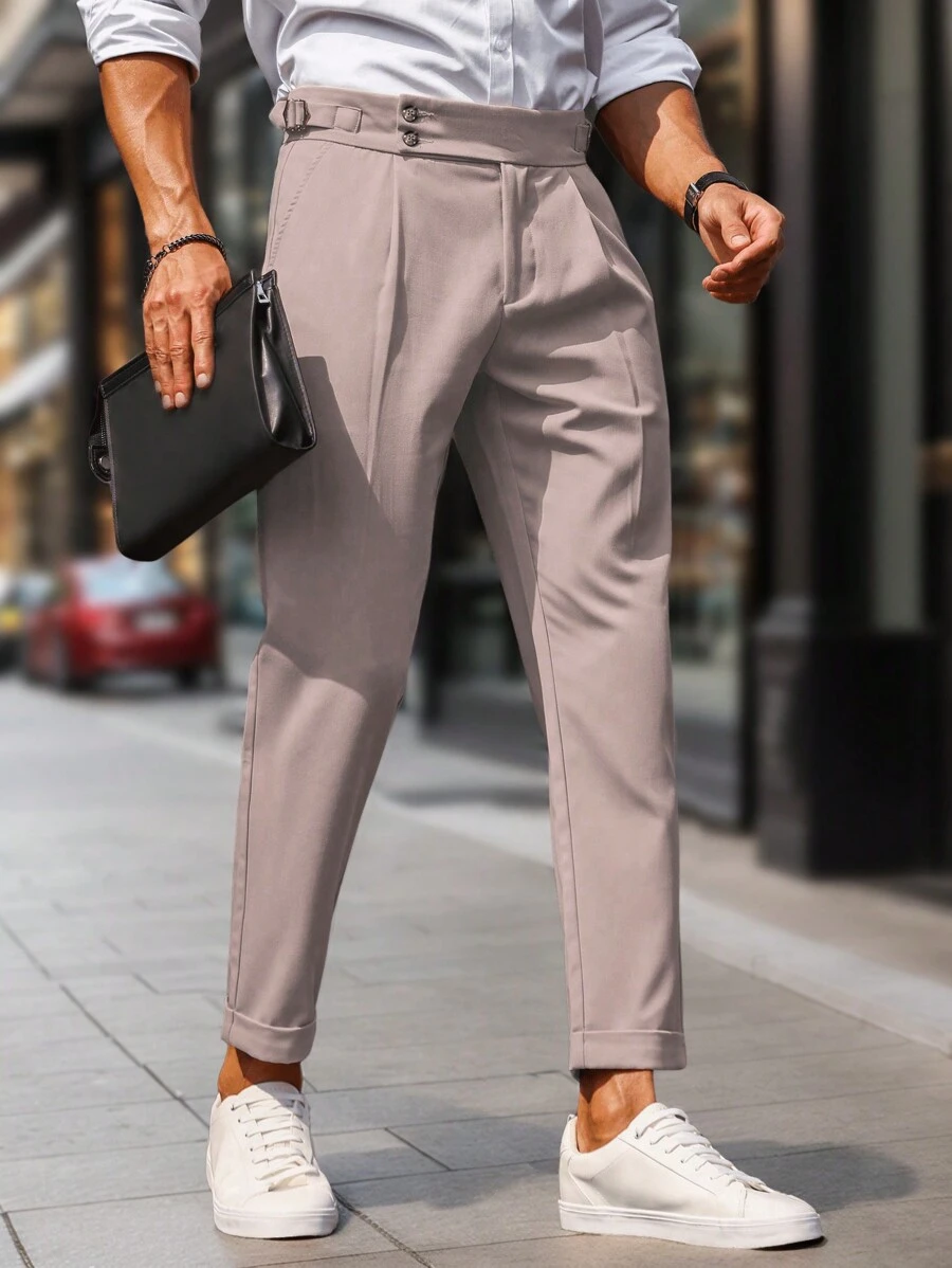 Manfinity Bizformal Quần âu nam đơn sắc cài nút cơ bản thường ngày, mặc hàng ngày - Màu Hồng baby - Xem 1