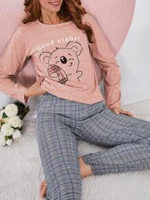 EURMUSE 100% Cotton 2Pcs  Koala Printed Long Sleeve Shirt And Plaid Printed Sleep Bottom PJ Set - Coral Pink - View 4