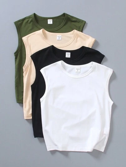 4pcs/Set Young Boy Tank Tops, Round Neck Double Thread Lockstitch Design For Closer Fit, Simplistic Summer Sports Sleeveless Top In Military Green, Khaki, Black, White, Soft & Comfortable Fabric, Suitable For School, Outdoor, Sports, Vacation, Getaway, Holiday, Travel, Relax, Sunbathing Summer Holiday
