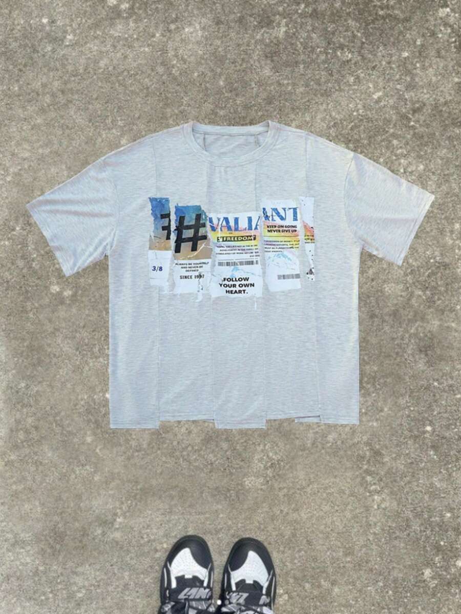 Manfinity EMRG Men's Simple Casual Everyday Crew Neck T-Shirt, Men's Asymmetric T-Shirt Style, Asymmetric Rainbow Letter Printing Process, INS Fashion Style, Suitable For Hip Hop Rappers, Young Street People