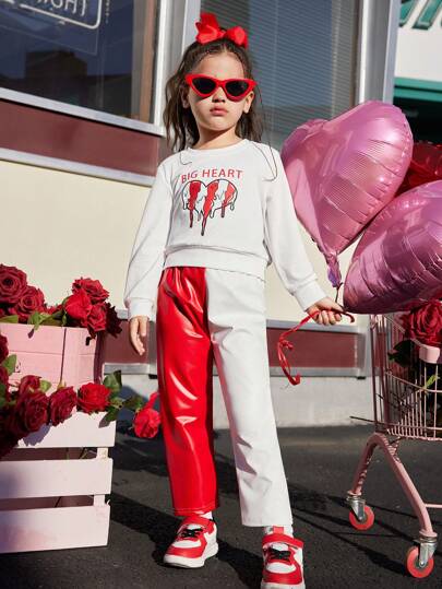 2pcs Young Girl's Melting Heart Print Sweatshirt And Color Block Long PU Leather Pants Set, Showcases Fashion Street Style, Suitable For School, Outing, All Seasons, And Valentine's Day Wear