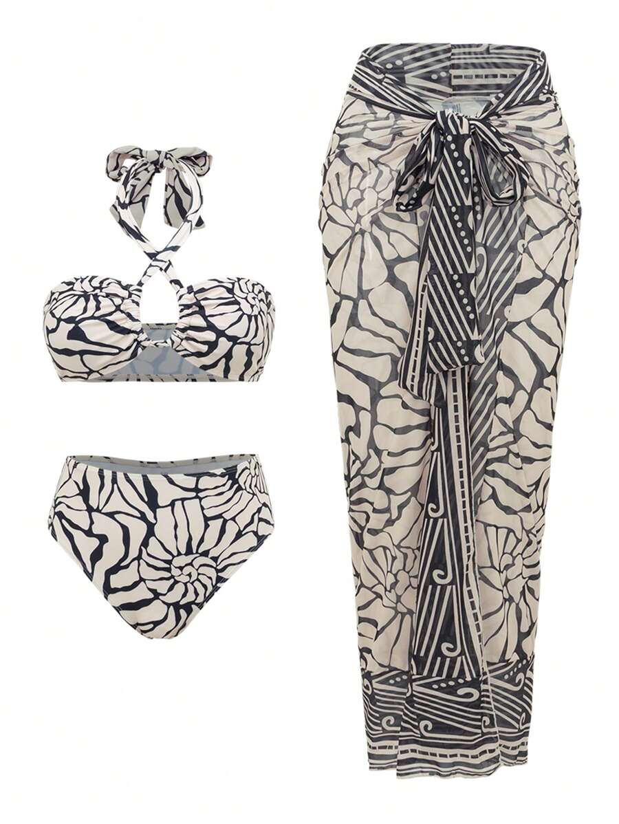 Swim Oasis 3pcs/Set: Random Graphic Print Bandeau Crop Top, High Waist High Cut Bottoms & Random Print Tie Waist Skirt Summer