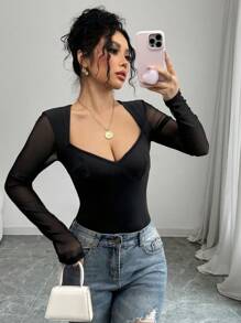 Chiquease Sexy Asymmetric Collar Bodysuit, Featuring Contrasting Knit Fabric And Mesh Sleeves In Black