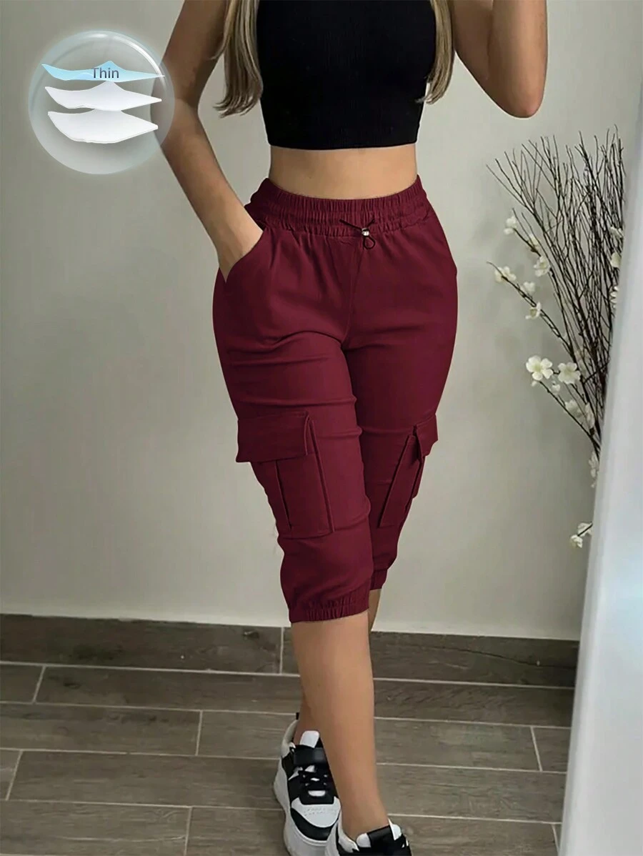 SHEIN SXY 女式纯色抽绳腰部实用口袋七分休闲裤