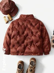 SHEIN 1 Áo khoác có đệm cho bé trai, cổ đứng, tay dài, họa tiết bóng bầu dục, ấm áp và chống gió, thích hợp cho các hoạt động ngoài trời, trang phục thường ngày ở thành thị, trường học, tụ tập vào mùa thu/đông - Cà phê nâu - Xem 4