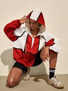 VARSITIE Contrast Color Drawstring Zipper Front Hooded Loose Casual Women Outdoor Jackets - Red - View 4