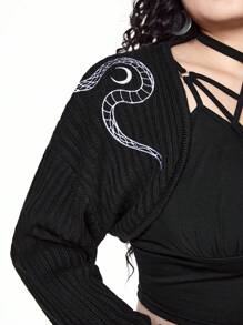 ROMWE Plus Size Gothic Snake Moon Embroidered Cardigan, Versatile Casual Loose Fit Shawl Collar Open Front Sweater - Black - View 6