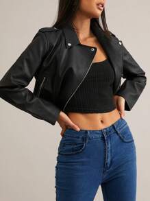 Siren Gaze Lapel Neck Zip Up PU Leather Jacket In Fall/Winter Black Casual - Black - View 7