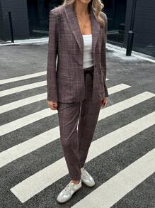SHEIN LUNE Retro Plaid Collar Pocket Waist Cinched Blazer Jacket And Cinched Waist Tapered Leg Pants Casual Commuter Elegant Suit Set For Women, Autumn/Winter Winter Sets