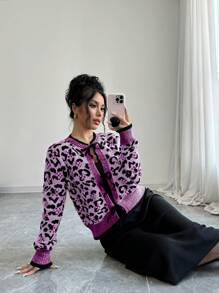 SHEIN Unity Cárdigan con estampado de leopardo y lazo frontal para mujer - Morado - Ver 7