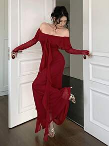 Modelyn Women's Solid Color Off Shoulder Long Sleeve Mesh Contrast Simple Arabic Style Dress - Burgundy - View 1