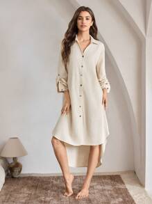 Ocili 女士前扣长袖简约休闲家居服连衣裙 - 卡其色 - 查看 1
