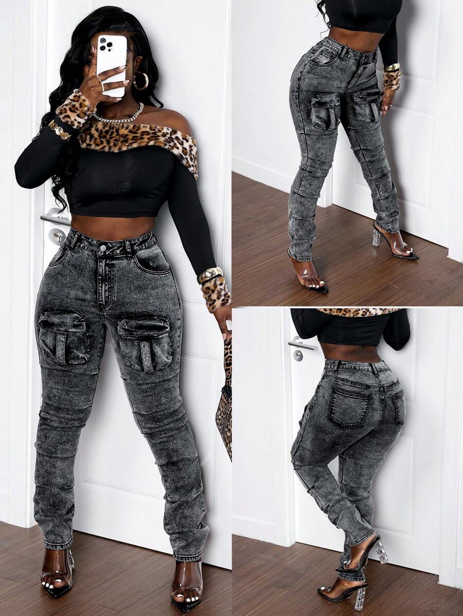 SHEIN Slayr Jeans cargo slim de mujer con lavado vintage informal - Gris - Ver 1