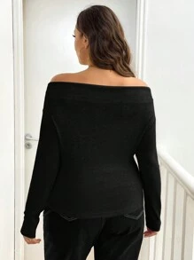 SHEIN Essnce Áo thun dài tay hở vai gợi cảm màu đen cỡ lớn thời trang thường ngày xuân thu cho nữ, áo cong, áo nữ gợi cảm, áo dự tiệc cho nữ, quần áo, áo dài tay, trang phục nữ, phong cách Old Money - màu đen - Xem 2
