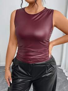 SHEIN Unity Plus Size Women Red Coated Pleated Slim-Fit Camisole - Burgundy - View 5