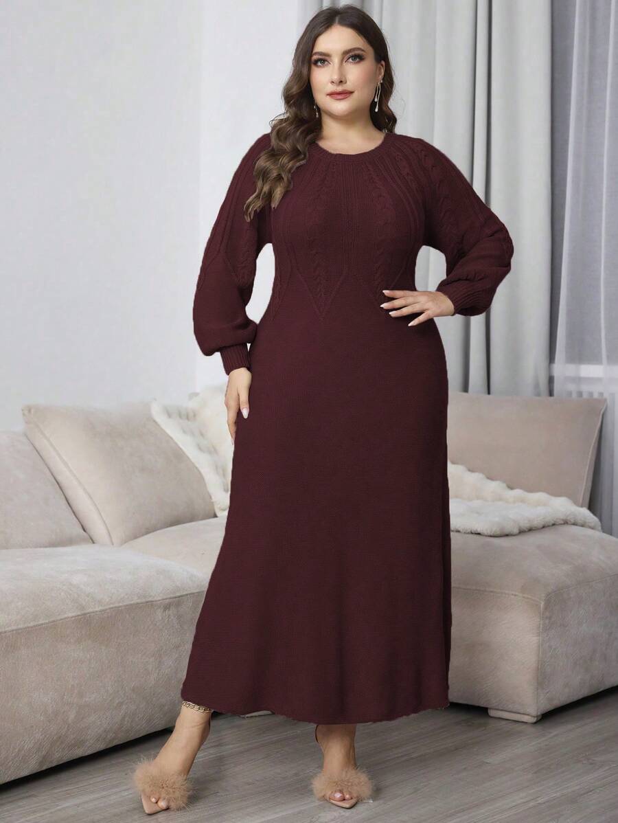 Mulvari Plus Size Solid Color Round Neck Long Sleeve Casual Long Dress - Burgundy - View 1