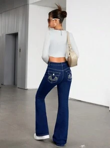 SHEIN Teen Girls Y2K Clothes Solid Washed Low Rised Embroidery Detail Flare Leg Jeans With Slanted Pocket - Medium Wash - View 5