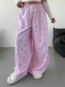 Flirla 女士条纹蝴蝶结印花运动休闲裤，新款拼接蕾丝边宽松阔腿长裤，春/秋 - 粉色 - 查看 4