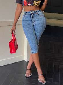 Solid Color Stretchy Sexy Skinny Capris With Button Split Hem - Rửa trung bình - Xem 3