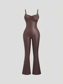 SHEIN Unity Brown Sexy Slim Fit Ruched Jumpsuit With Belt, Party & All Season Wear - Brown - View 3