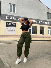 POPSWAY Women's Casual Solid Color Multi Pocket Drawstring Cargo Pants Fall Cloth For Women - Army Green - View 3