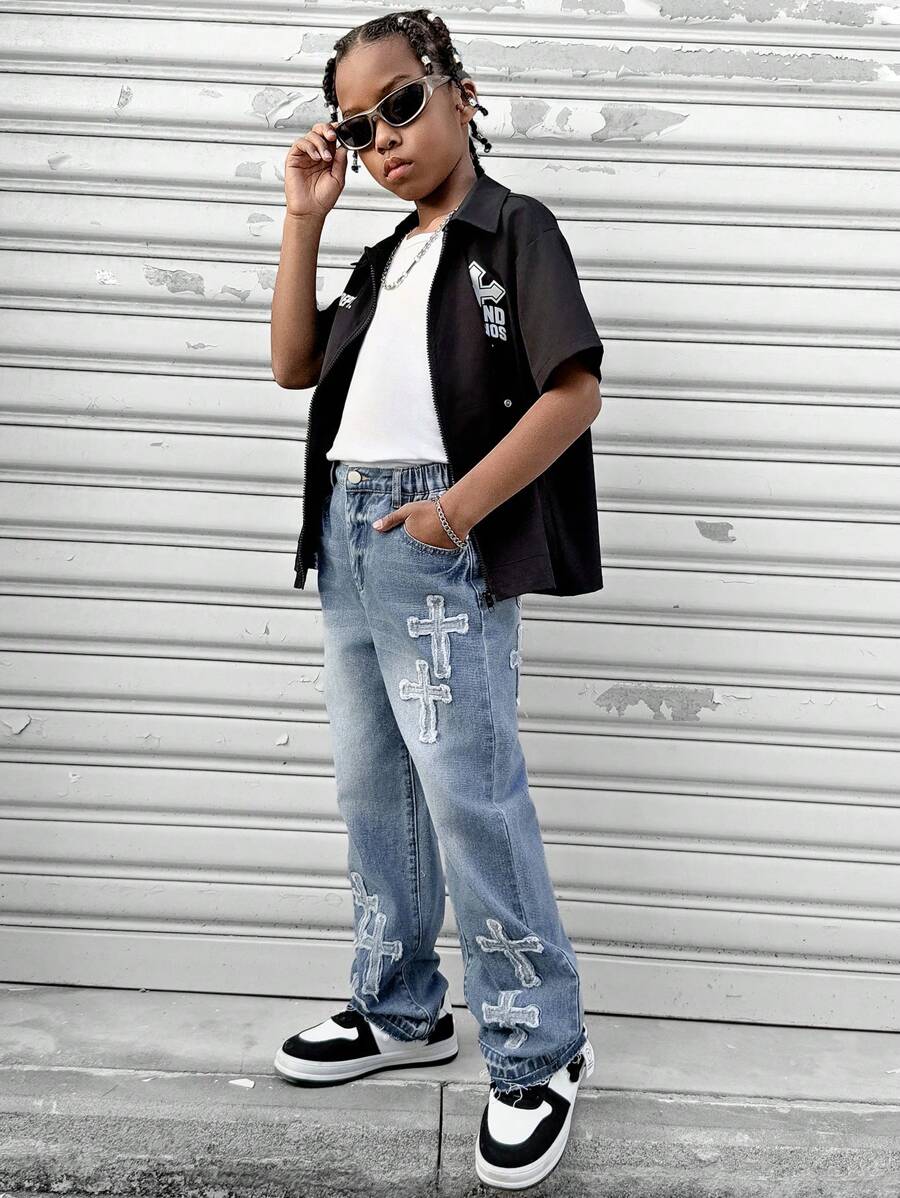 SHEIN Explorewe Tween Boy Cross Embroidery Washed Straight Leg Casual Jeans - Medium Wash - View 1