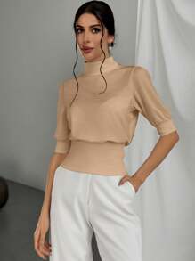 Firerie Women's Solid Color Stand Collar Waist Cinched Bubble Sleeve T-Shirt, Elegant And Suitable For Going Out In Spring And Summer