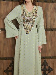 Al Najma Vestido de estilo árabe con cuello en V, mangas acampanadas con adornos y estilo fluido para mujer, vestidos árabes de primavera/verano, modestos