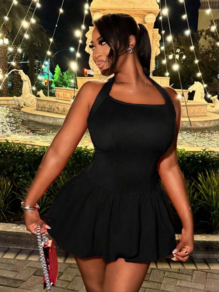 shein black short dress SHEIN BAE Bodycon Open-Back Halter Mini Dress