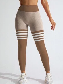 Core Rhythm Women's Sports Leggings In Khaki Striped Skinny Fit, Ruched Waist Design, Sexy Lifting, Yoga Fitness