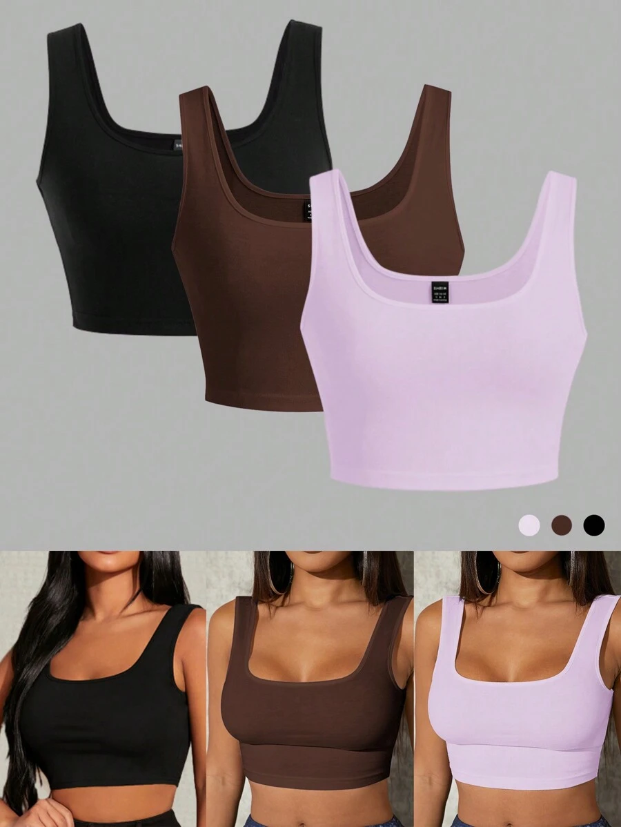 SHEIN SXY 3pcs/Set Women's Summer Solid Color Slim-Fitting Short Tank Tops Are Simple And Versatile For Many Occasions