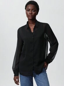 SHEIN Privé Women's Chiffon 2 In 1 Loose Blouse, Suitable For Spring And Valentine's Day Fall Cloth For Women - Black - View 4