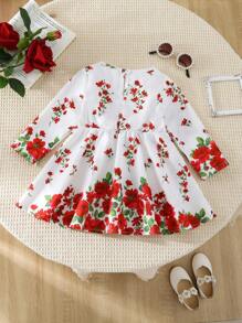 SHEIN 婴儿和女童时尚花卉印花连衣裙，别致的斋月时尚婴儿连衣裙，春夏