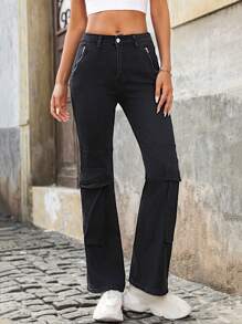 SHEIN LUNE Women Zipper Pocket Flared Casual Versatile Denim Jeans - Black - View 7