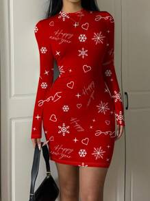 SHEIN Essnce Women's Casual Basic Holiday Sexy Long Sleeve Bodycon Midi Club Dress, Christmas Outfit