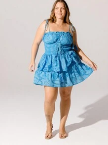 Aralina Curve Cut Out Blue Lace Tiered Lace-Up Ruffled Holiday Dress