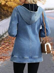 SHEIN LUNE Women's Front Zip Long Sleeve Pocket Simple Casual Denim Jacket - Blue - View 2