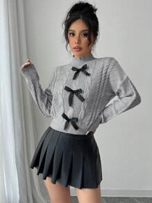 Selianne French Knot Bow Soft & Fluffy Winter Sweater, Sweet Pullover For Women Knit Pullover Fall Sweater - Grey - View 5