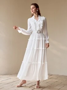 MOTF PREMIUM VESTIDO LARGO CON VOLANTES Y ENCAJE DE CONTRASTE